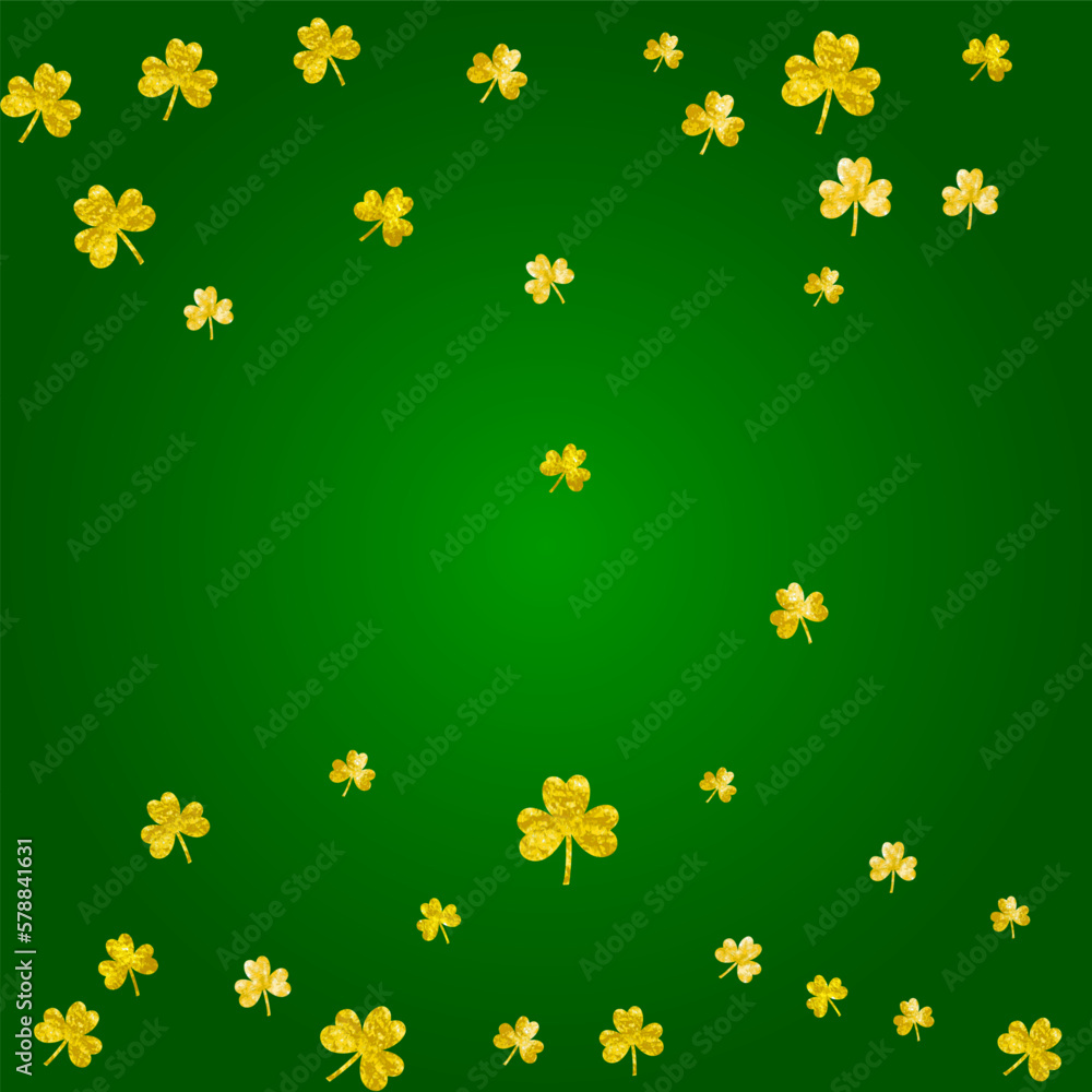 Clover background for Saint Patricks Day. Lucky trefoil confetti. Glitter frame of shamrock leaves. Template for special business offer, banner, flyer. Happy clover background.