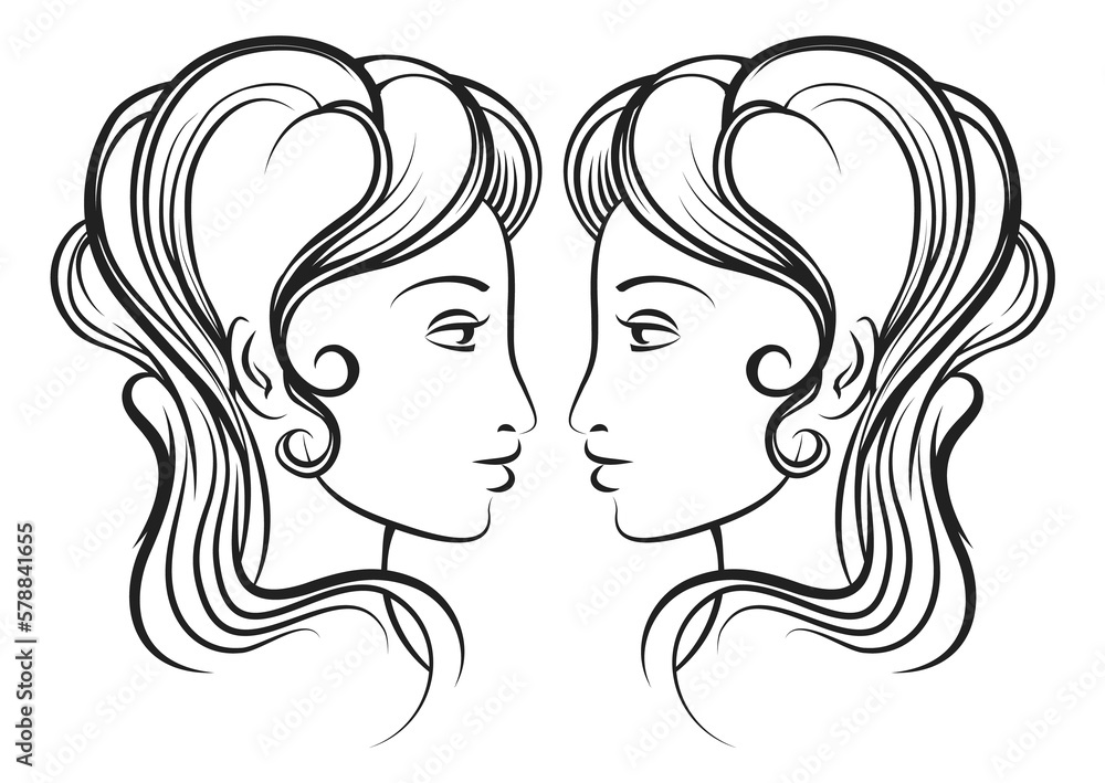Gemini drawing. Zodiac sign. Two female heads