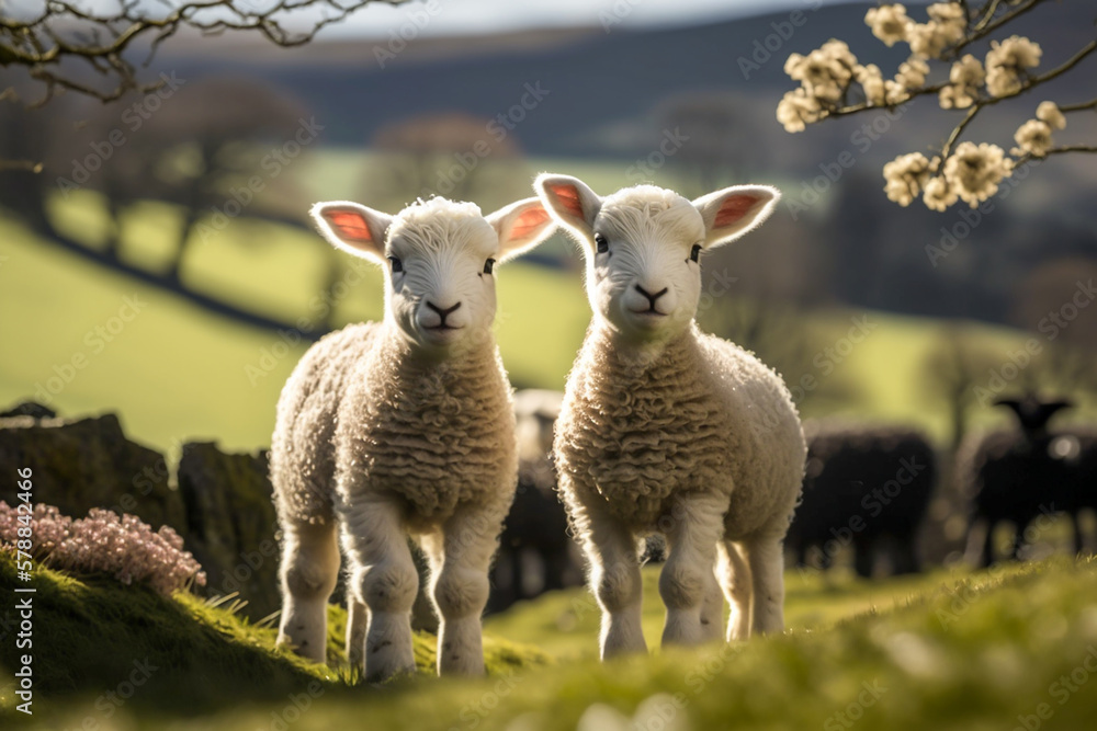 Fototapeta premium Spring lambs in countryside in the spring sunny day, generative ai