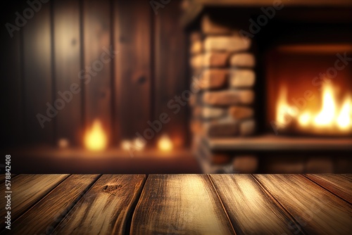 Empty wooden surface with blurred fireplace on background. Product background for montage