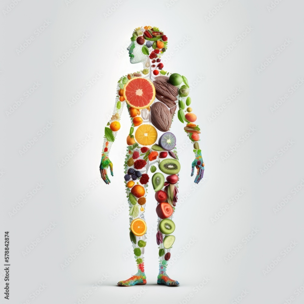 Human body made of fruits and vegetables. Concept of healthy eating. Generative ai