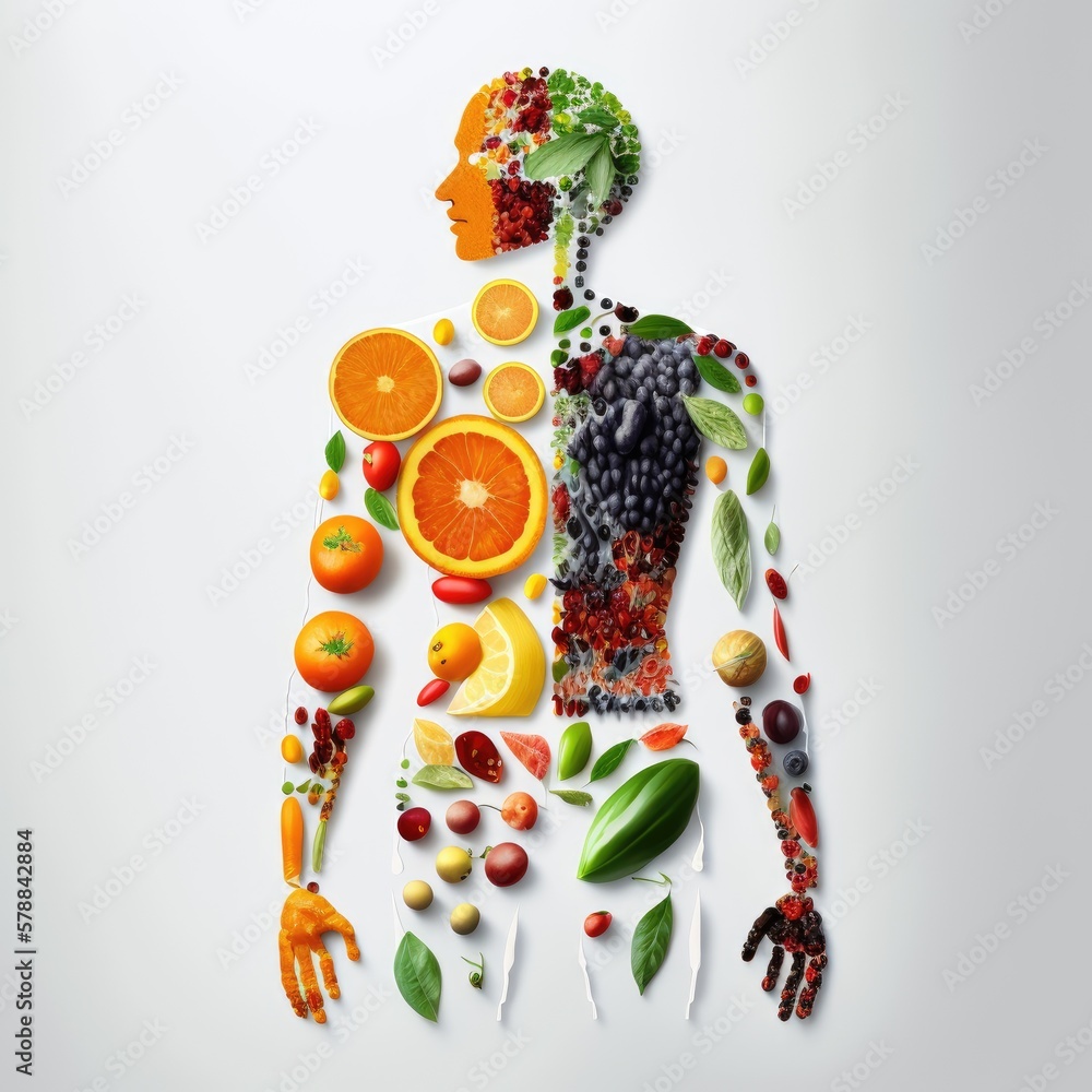 Fruits and vegetables with human body made of fruits and vegetables, healthy food concept. Generative ai