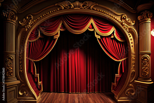 Opulent theater interior with red curtains and golden accents