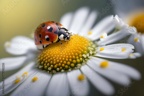 ladybug on camomile flower in spring sunny day, closeup, generative ai