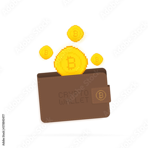 Cryptocurrency wallet. Pixel art crypto coins dropping into wallet. Concept of money transactions. Crypto wallet for bitcoin, solana, ethereum. Vector illustration