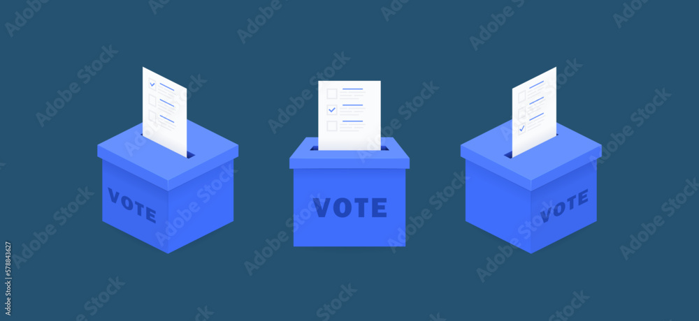 Set voting box with ballot going into a ballot box. Online voting and election. Vector illustration