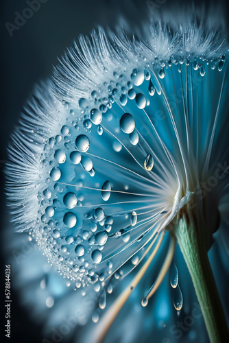 drops of dew on dandelion seeds, blue background, close up, generative ai