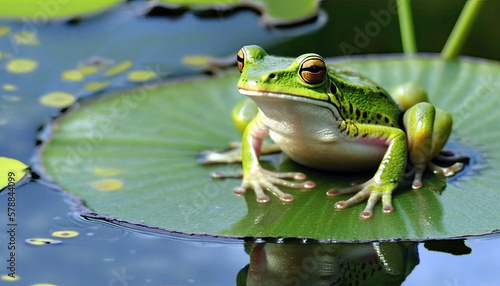 a green frog sitting on a lily pad, in the pond © StockMedia