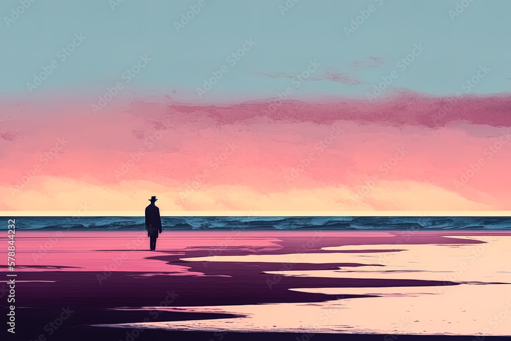 Lonely man with a hat standing on the beach during sunset or sunrise with twilight sky. This represents concept of loneliness. Digital illustration generative AI.