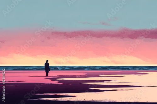 Lonely man with a hat standing on the beach during sunset or sunrise with twilight sky. This represents concept of loneliness. Digital illustration generative AI.