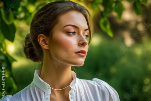 Young relaxed woman in white blouse enjoying nature fresh air meditating  generative ai