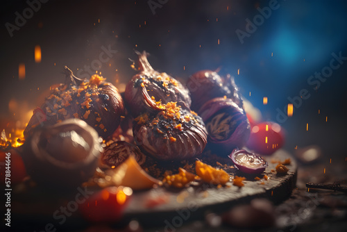 Still life with garlic, tomatoes, spices and herbs on a dark background. . Food design. Baked onions. Delicious dish. Artistic blur. Generative AI technology.