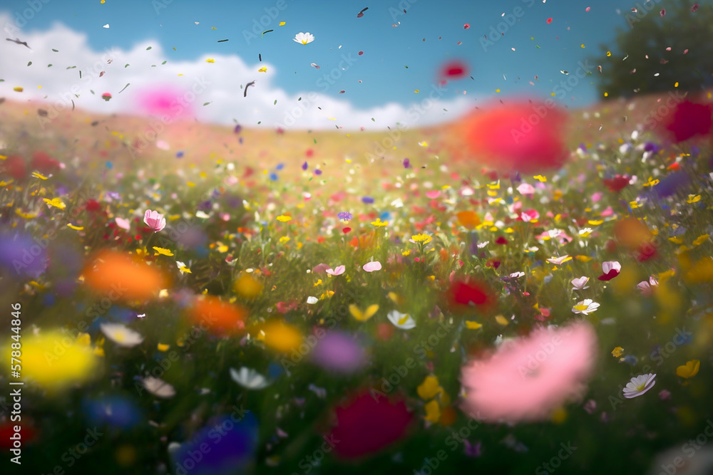 Beautiful field of flowers with flying petals, springtime, spring, generative ai