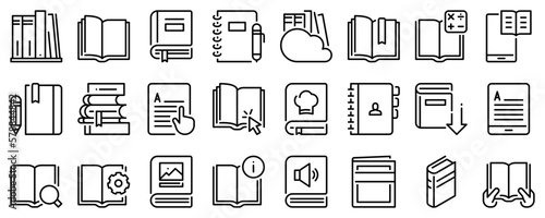 Line icons about books on transparent background with editable stroke.