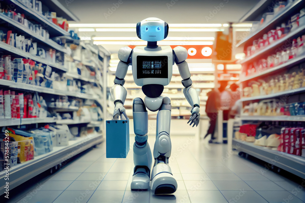 Obraz premium A retail robotic assistant uses navigation technology to walk around a department store and guide customers to find items.