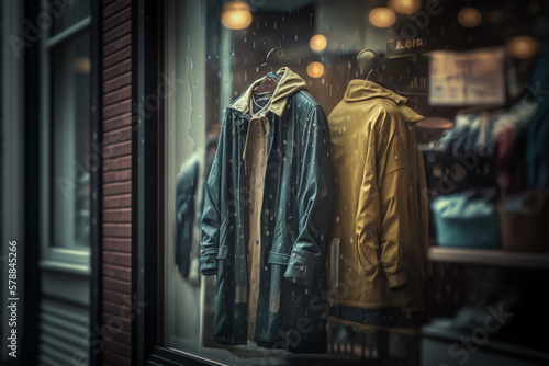 Clothes storefront in rainy day, generative ai