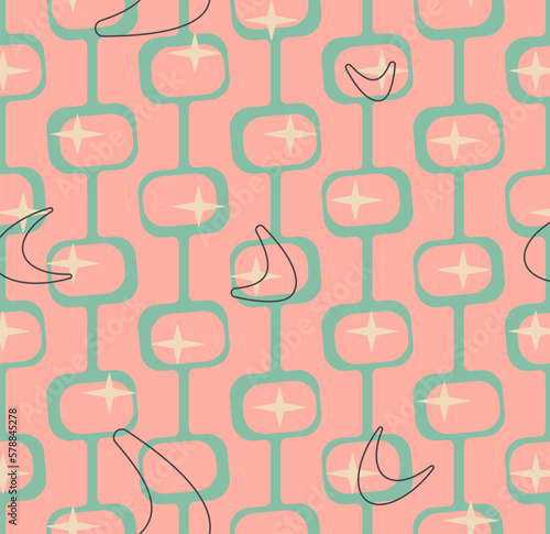 Mid century vector modern 1950s style vintage retro atomic seamless pattern. Fifties style background texture