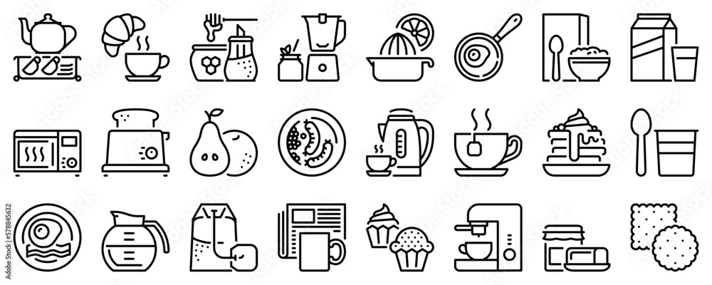 Line icons about breakfast on transparent background with editable stroke. Line icons about breakfast on transparent background with editable stroke.
