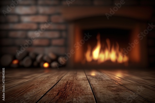 Empty wooden surface with blurred fireplace on background. Product background for montage