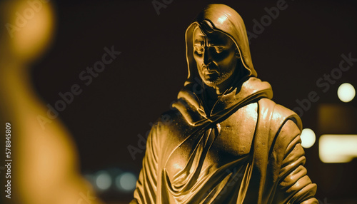 Statue of a wise elder in golden light at night. Generative AI.