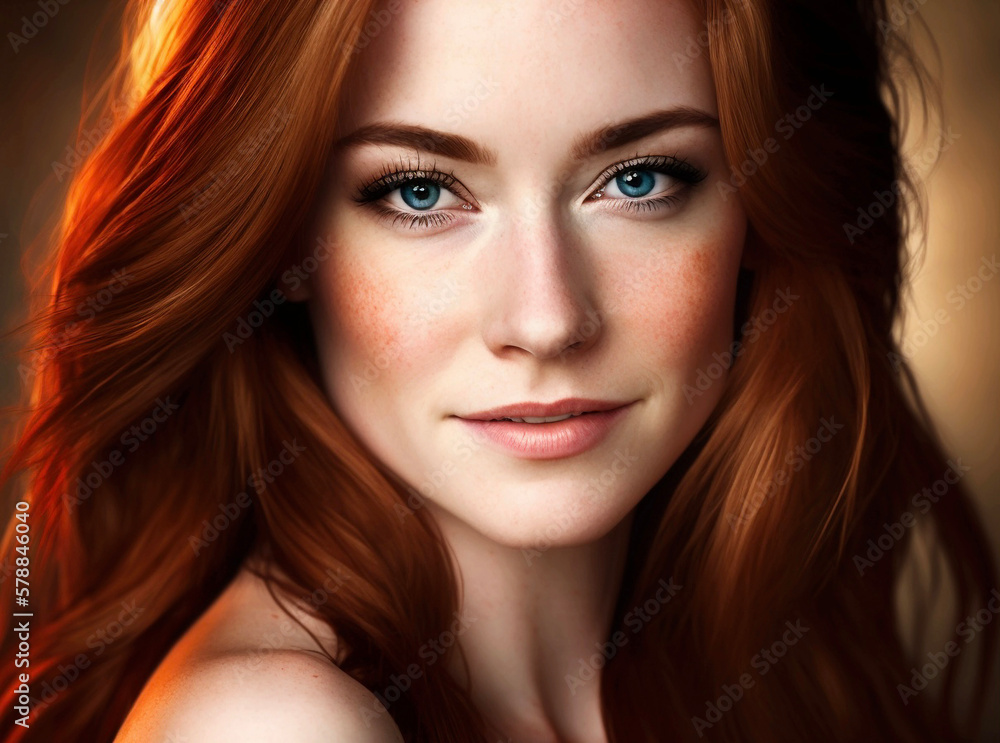 Fototapeta premium Headshot happy woman, portrait red-haired girl with blue eyes young woman contented blonde with a healthy smile looks at the camera confident model poses indoors. Generative AI.