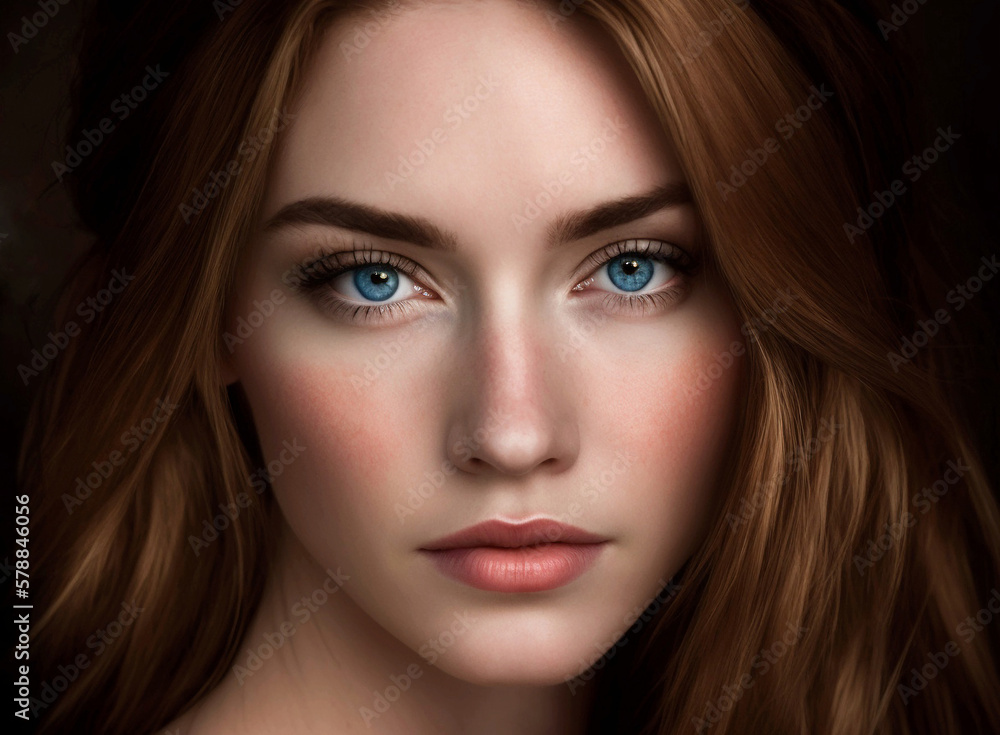 Headshot happy woman, portrait Russian girl with blue eyes young woman contented blonde with a healthy smile looks into the camera confident model poses indoors. Generative AI. Headshot happy woman, portrait Russian girl with blue eyes young woman contented blonde with a healthy smile looks into the camera confident model poses indoors. Generative AI.