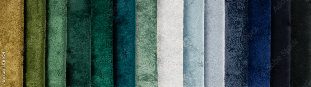 Fototapeta premium Bright collection of gunny textile samples. Set of fabric swatch samples texture. Samples of fabrics for furniture upholstery.