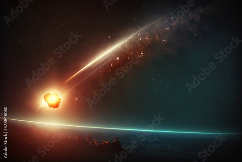 Meteor shower. A comet, an asteroid, a meteorite falls to the ground against a starry sky. Ai. Attack of the meteorite