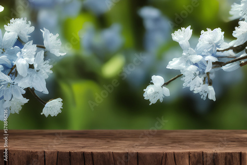 Com um expositor de mesa de madeira rústica e flores brancas em exibição, nosso jardim é um convite para desfrutar da beleza da primavera. Gerado por Inteligência Artificial. photo