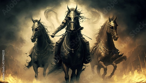 This breathtaking image shows four wild horses running through a landscape of destruction and fire. symbols of death  war  famine and pestilence. Generative AI 