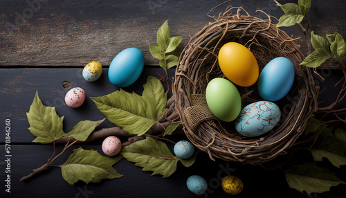 Colorful easter eggs on wood table - copy space