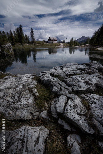 Hut Rifugio Palmieri and Lake Croda da Lago, Cortina d'Ampezzo, Italy