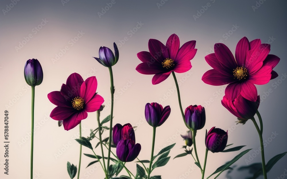 Flowers, soft and beautiful scene, with a blurred gradient backdrop. Generative AI.