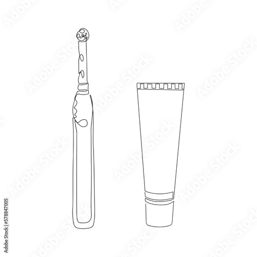 Logo template with vector illustration of a simple toothbrush line icon. Drawing with one line of toothbrush and paste. Vector