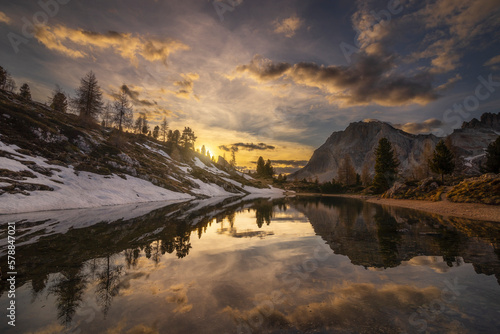 Mount Lagazuoi reflections in Lake Limides at sunset, Cortina d'Ampezzo, Italy