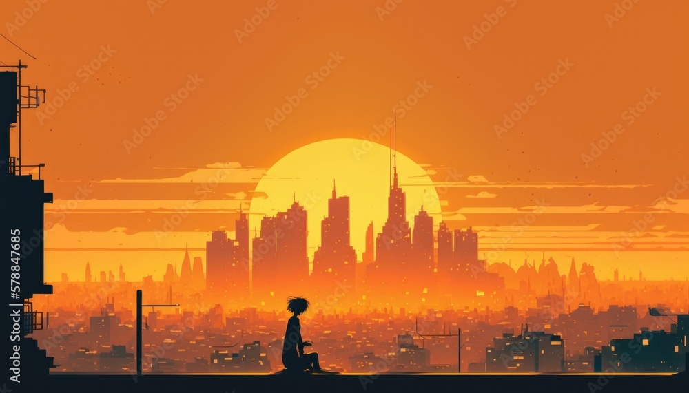 Lofi skyline chill orange and yellow background, generative ai