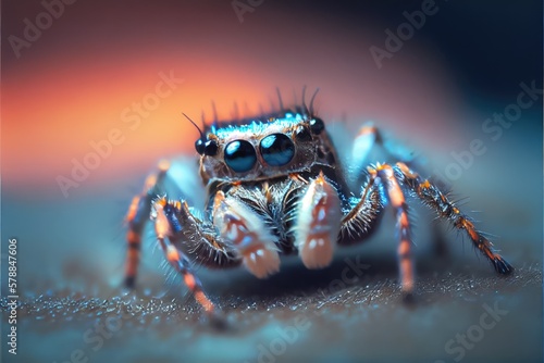 Little cute jumping spider against blurred background. Colorful macro. Photorealism, close up