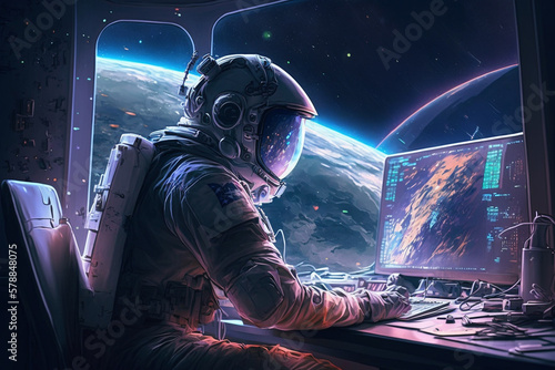 Astronaut or cosmonaut on the space station working on computers or doing science experiments. Astronomy and exploration. Ai generated