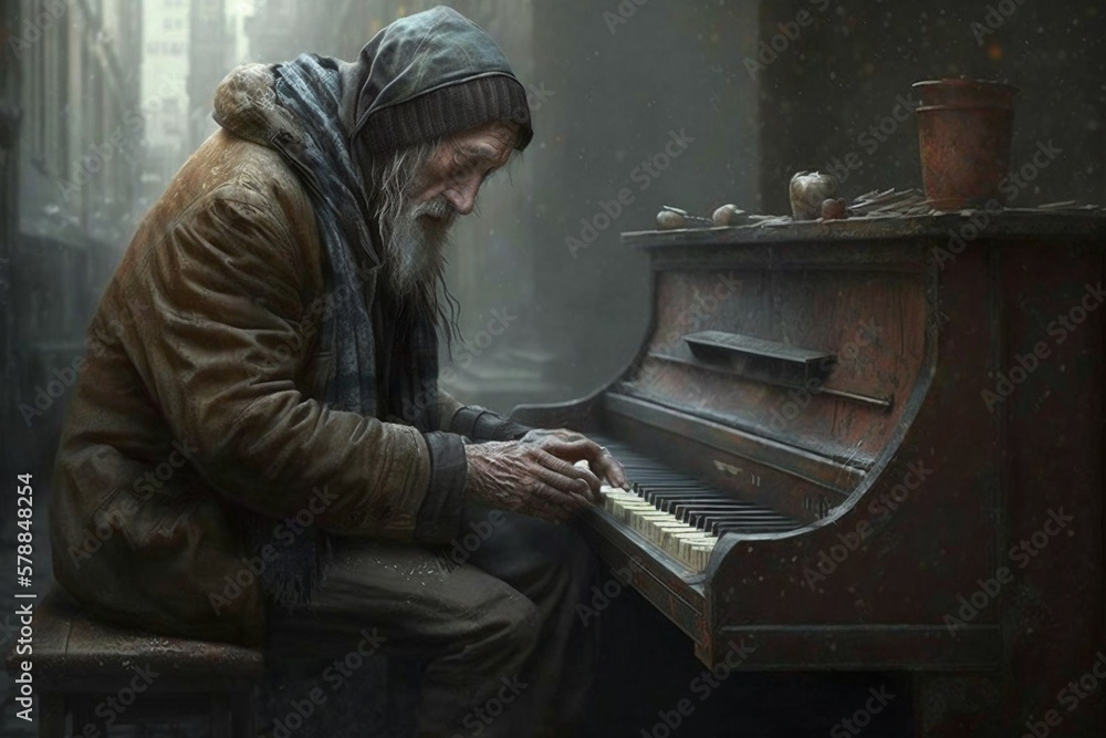 Blind destitute old dirty beggar with beard playing the piano. Homeless man with a musical instrument. Ai generated