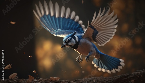 Blue jay coming in to land on a patio. blue jay with wings spread. Flying blue jay
