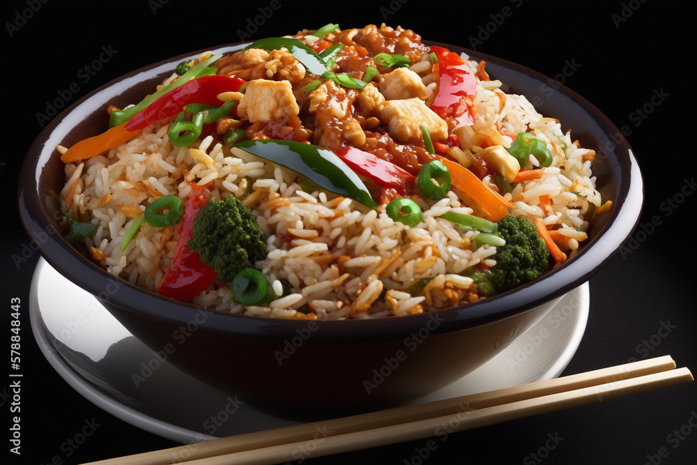 Chinese food with rice and thai sauce. Asian traditional classic cuisine meal arrangement. Ai generated. Chinese food with rice and thai sauce. Asian traditional classic cuisine meal arrangement. Ai generated.