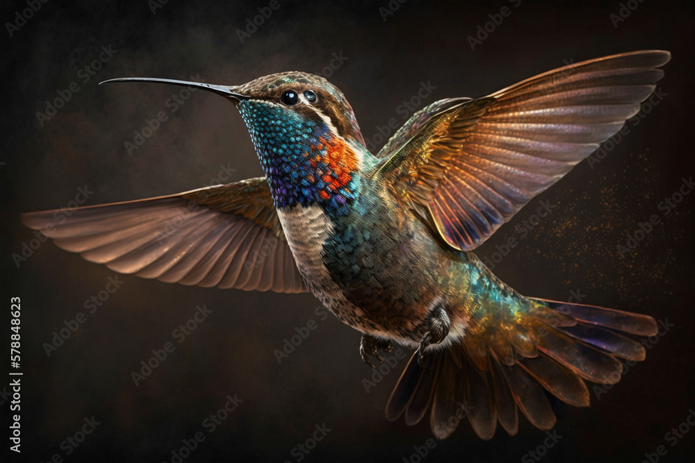 Obraz premium Incredible and beautiful colorful colibiri bird illustration. Exotic colorful hummingbird. Ai generated