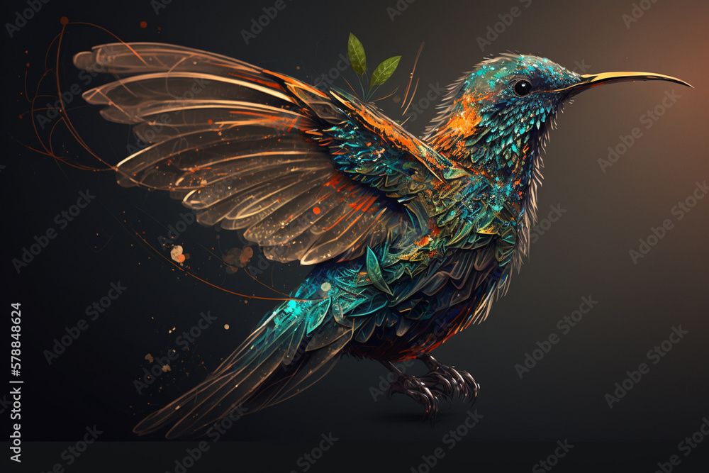 Obraz premium Incredible and beautiful colorful colibiri bird illustration. Exotic colorful hummingbird. Ai generated