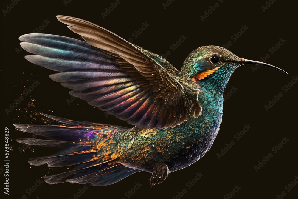 Obraz premium Incredible and beautiful colorful colibiri bird illustration. Exotic colorful hummingbird. Ai generated