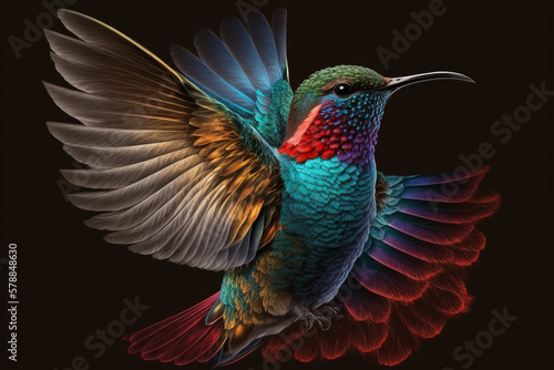 Incredible and beautiful colorful colibiri bird illustration. Exotic colorful hummingbird. Ai generated