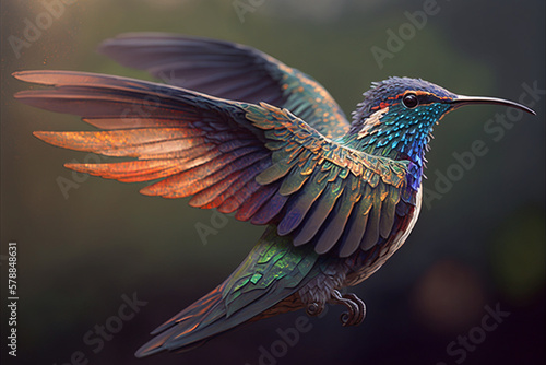 Incredible and beautiful colorful colibiri bird illustration. Exotic colorful hummingbird. Ai generated