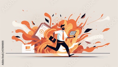 Overload busy multitasking on fire missing business deadlines, rushing with burning tasks. Work stress and bad time management concept. Burnout. Generative AI.