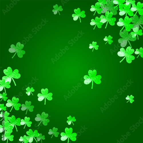St patricks day background with shamrock. Lucky trefoil confetti. Glitter frame of clover leaves. Template for poster, gift certificate, banner. Greeting st patricks day backdrop.