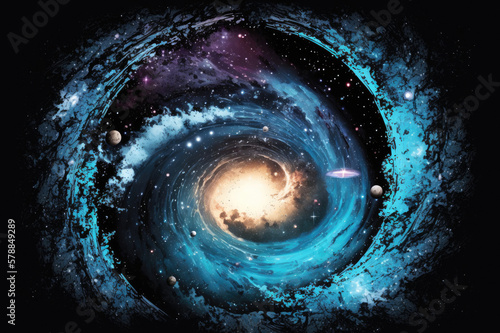 illustration of a galaxy with numerous stars and small planets