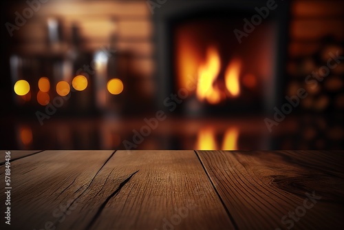Empty wooden surface with blurred fireplace on background. Product background for montage
